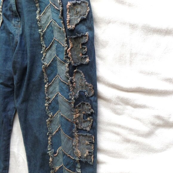 Paper Lace PEACE Jeans Chevron Patched Two-Tone Denim Pants LARGE - Picture 1 of 7